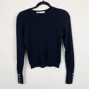 ZARA Black Textured‎ Knit Crewneck Sweater with Pearl Buttons Women's Size L